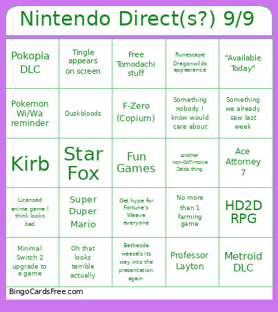 Nintendo Direct(s?) 9/9 Bingo Card