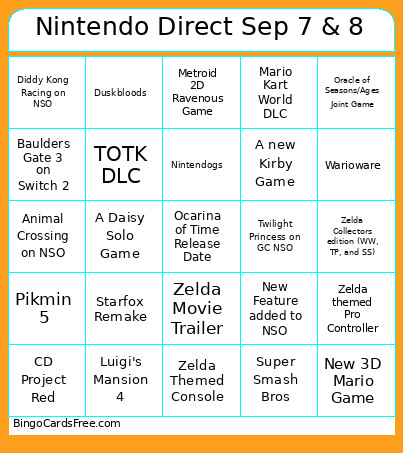 Nintendo Direct Sep 7 & 8 Bingo Card