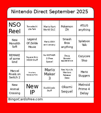 Nintendo Direct September 2025 Bingo Card 2