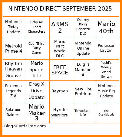 NINTENDO DIRECT SEPTEMBER 2025 Bingo Card