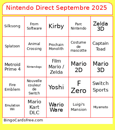 Nintendo Direct Septembre 2025 Bingo Card