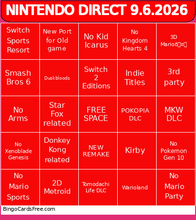 Nintendo Direct Spetember 2026 Bingo Card