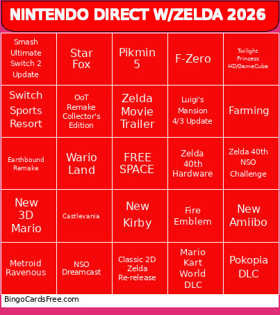 NINTENDO DIRECT W/ZELDA 2026 Bingo Card