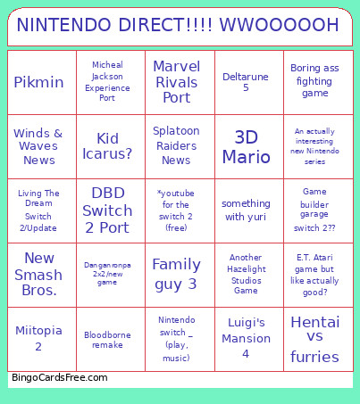 NINTENDO DIRECT!!!! WWOOOOOH Bingo Card