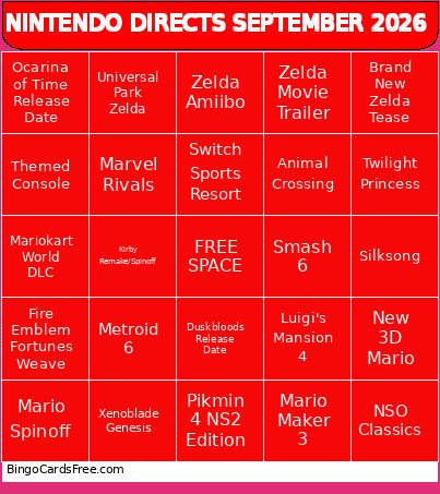 NINTENDO DIRECTS SEPTEMBER 2026 Bingo Card