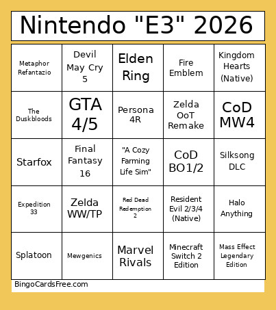 Nintendo E3 2026 Bingo Card