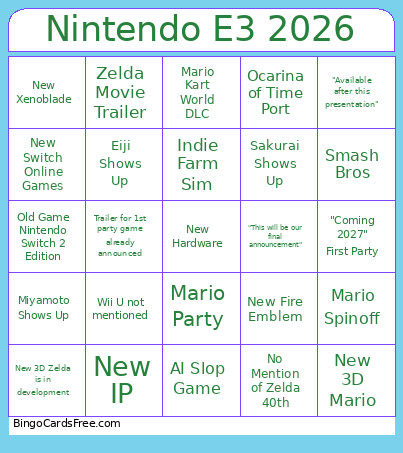 Nintendo E3 2026 Bingo Card