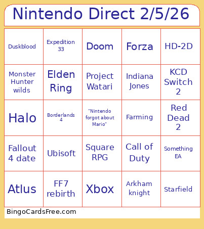 Nintendo Parter Direct 2/5/26 Bingo Card
