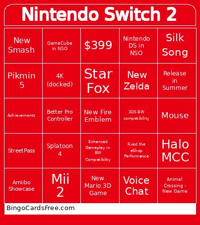 Nintendo Switch 2 Bingo Card