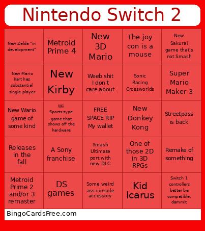 Nintendo Switch 2 Bingo Card 2