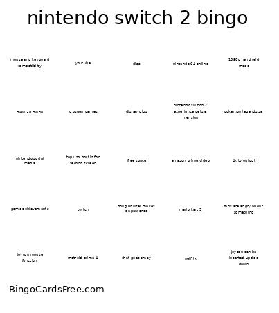 Nintendo Switch 2 Bingo Card