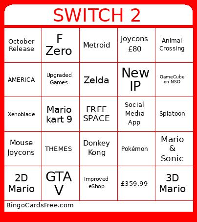 Nintendo Switch 2 Bingo Card