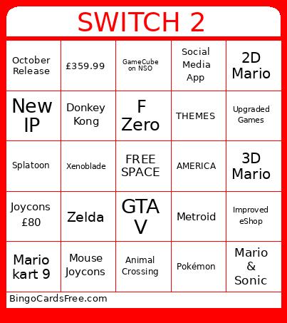 Nintendo Switch 2 Bingo Card