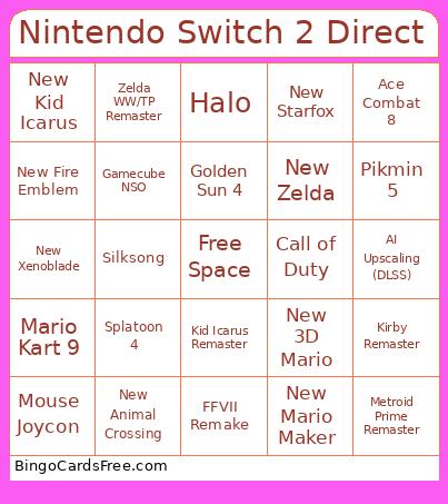 Nintendo Switch 2 Direct Bingo Card