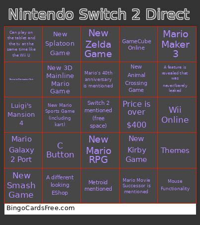Nintendo Switch 2 Direct Bingo Card 3