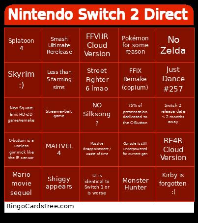 Nintendo Switch 2 Direct Bingo Card 2