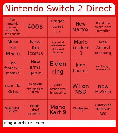 NIntendo Switch 2 Direct Bingo Card