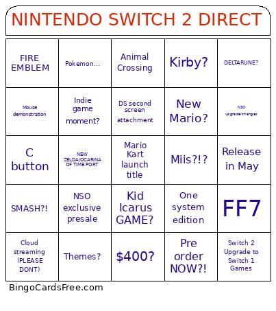 NINTENDO SWITCH 2 DIRECT Bingo Card