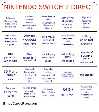 NINTENDO SWITCH 2 DIRECT Bingo Card