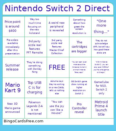 Nintendo Switch 2 Direct Bingo Card