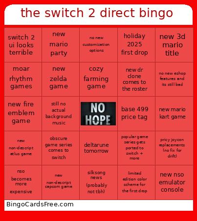 Nintendo Switch 2 Direct Bingo Card 3