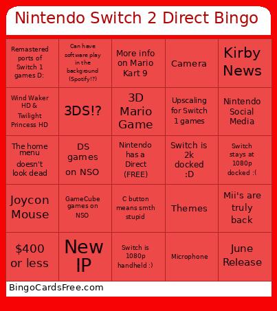 Nintendo Switch 2 Direct Bingo Card
