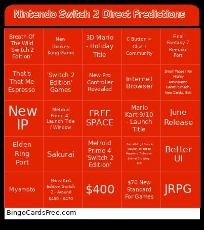 Nintendo Switch 2 Direct Predictions Bingo Card