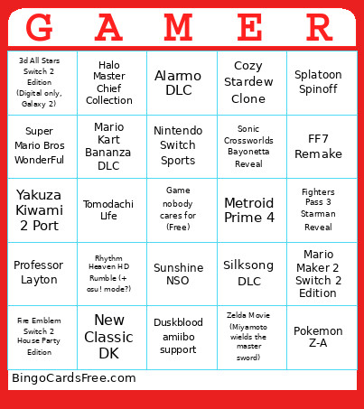 Nintendo Switch 2 September 12th Bingo Card