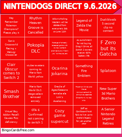 NINTENDOGS DIRECT 9.6.2026 Bingo Card