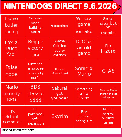 NINTENDOGS DIRECT 9.6.2026 Bingo Card