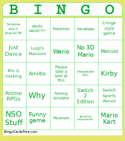 Nintenondo Bingo Card