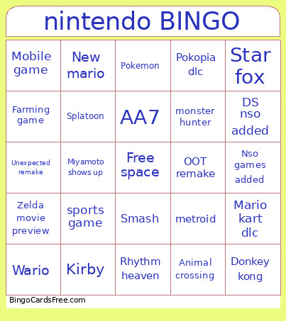 Nintndo Direct Bingo Card