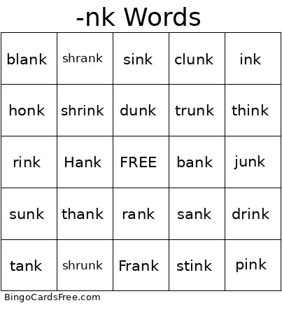 -nk Words Bingo Card