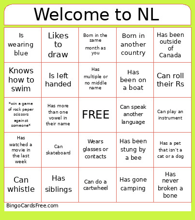 NL Ice Breaker Bingo Card