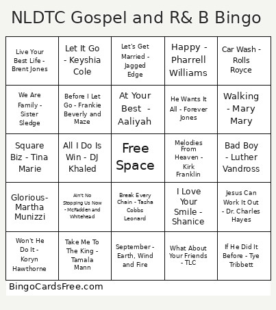 NLDTC Gospel And R& B Bingo Card