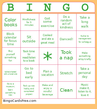 No Burn Out Bingo Card