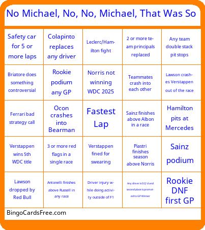 F1 2025 Bingo Cards Free Pdf Printable Game, Title: No Michael, No, No, Michael, That Was So