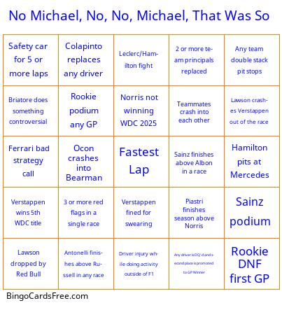 F1 2025 Bingo Cards Free Pdf Printable Game, Title: No Michael, No, No, Michael, That Was So