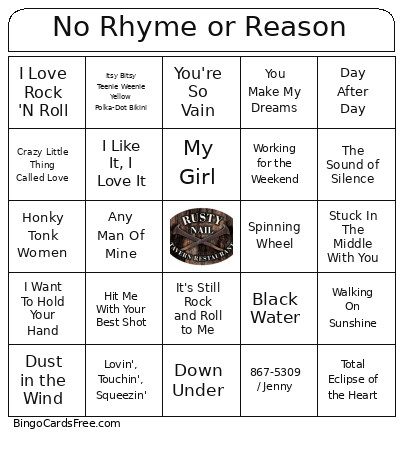 No Rhyme Or Reason Bingo Card