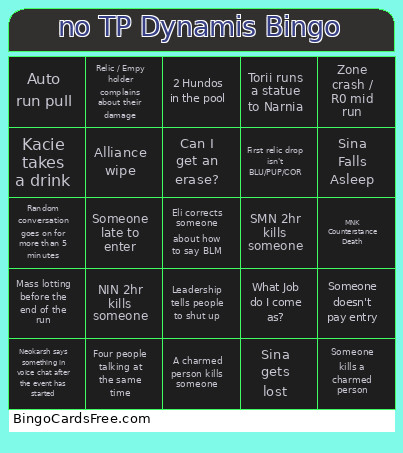 No TP Dynamis Bingo Card