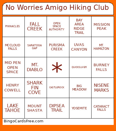 No Worries Amigo Hiking Club Bingo Card 2
