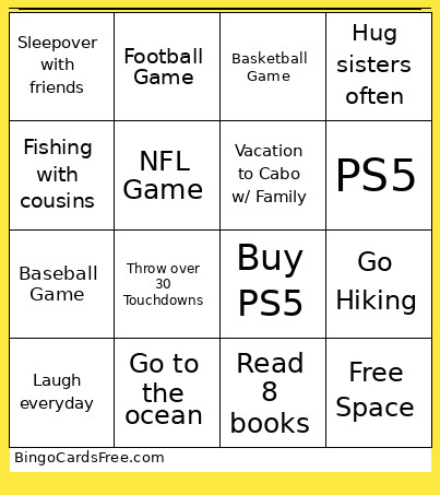 Noah's 12 Month Bingo Card