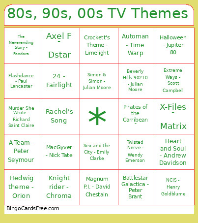 NOC1. 80s, 90s, 00s TV Themes Bingo Card