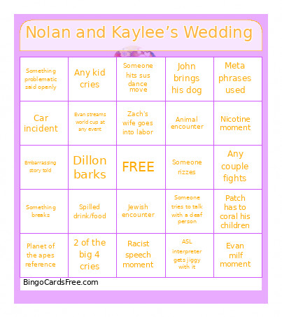 Nolan And Kaylee’s Wedding Bingo Card