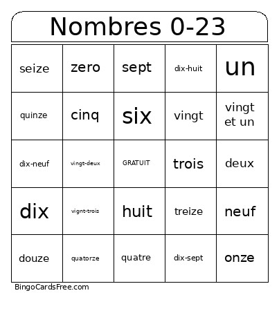 Nombres 0-23 Bingo Card