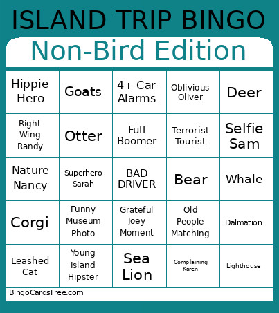 Non-Bird Edition Bingo Card