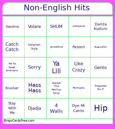 Non-English Hits Bingo Card