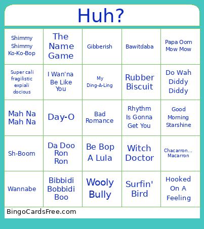 Nonsense Songs Bingo Card
