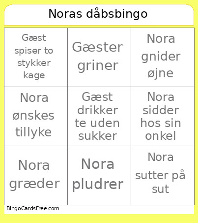 Noras Dåbs Bingo Card