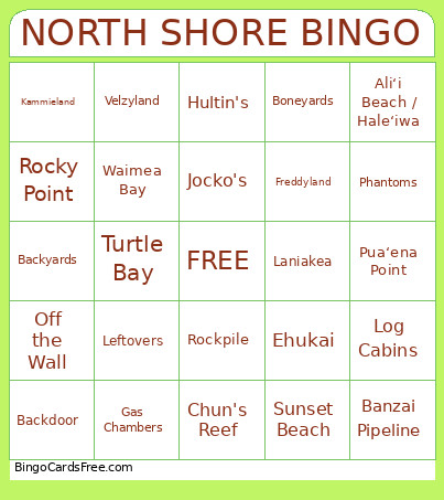 North Shore Bingo Card